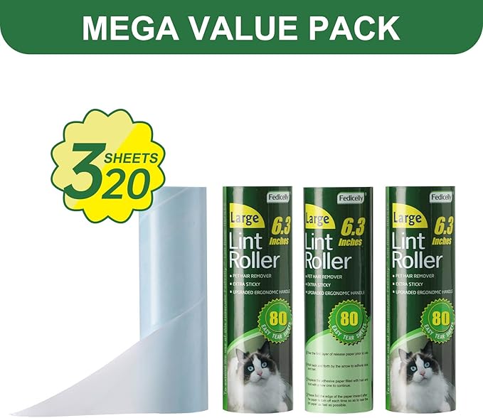 Fedicelly Large Lint Rollers Pet Hair Extra Sticky Furniture,Cat Dog Hair Remover Laundry Clothes Carpet,6.3 inches Wider with 640 Sheets Giant Lint Remover Brush for Couch