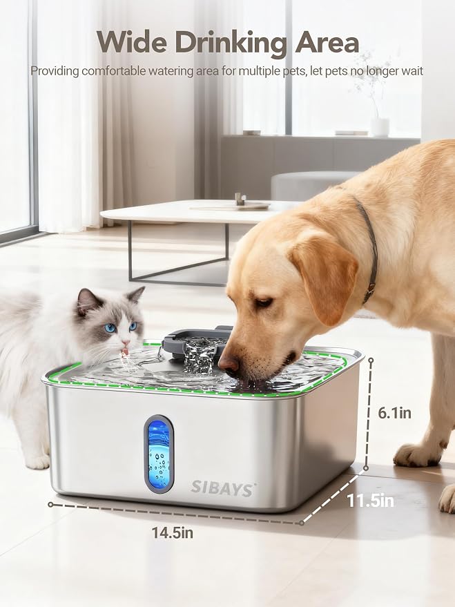 SIBAYS 4Gal/15L Dog Water Fountain for Large Dogs, Stainless Steel Large Pet Water Fountain, Ultra Quiet Automatic Dog Water Bowl Dispenser with Water Level Window and LED Light(FS78, Silver-Grey)