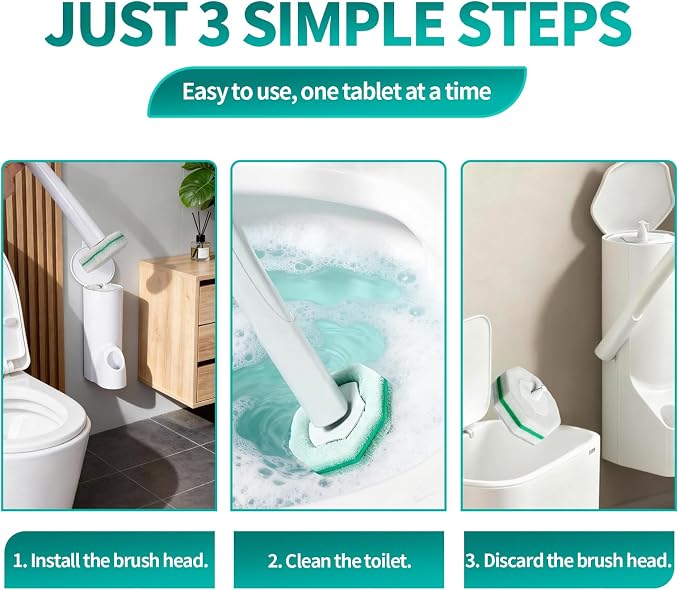 Disposable Toilet Brush, Toilet Bowl Cleaning System with 48 Count Wand Refill, Clean Brush Starter Kit with 1 Toilet Wand, 1 Storage Caddy and 1 wall Sticker (White)
