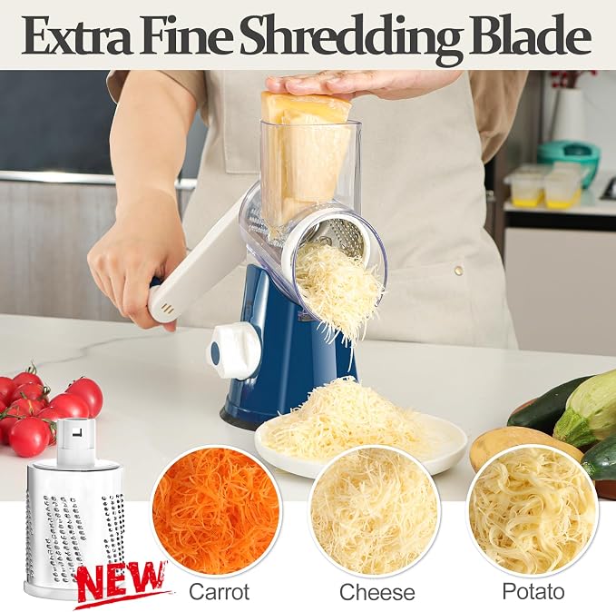 Cambom Rotary Cheese Grater Hand Crank Cheese Shredder for Fresh Cheese, Vegetable, Nuts,Non-slip Suction Base, Five Blades, Dark Blue