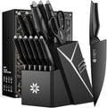 ASETY Kitchen Knife Set, 15 PCS Knife Block Set, Dishwasher Safe, Black | Razor Sharp Knives, Wood Block with Built-In Sharpener, Stainless Steel Knives set for Kitchen, Ergonomic Non-Slip Handle