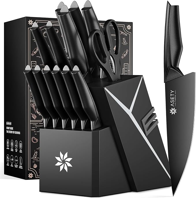 ASETY Kitchen Knife Set, 15 PCS Knife Block Set, Dishwasher Safe, Black | Razor Sharp Knives, Wood Block with Built-In Sharpener, Stainless Steel Knives set for Kitchen, Ergonomic Non-Slip Handle