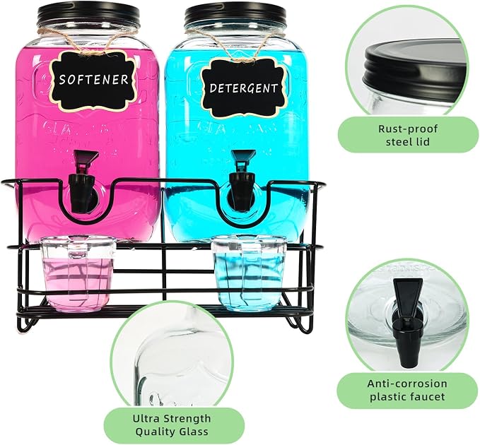 Roetell 2 Sets 1 Gallon Laundry Detergent Dispenser with Stand, Measuring Cup, Glass Laundry Detergent Containr for Laundry Room Organization