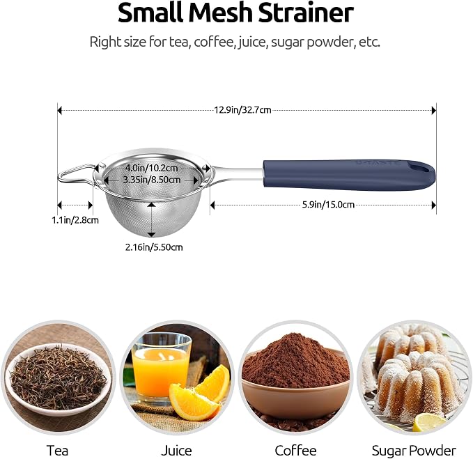 U-Taste 18/8 Stainless Steel Measuring Cups and Spoons (Set of 12, Midnight Blue), and Fine Mesh Strainer with Sturdy Riveted Silicone Handle and Strong Frame (Midnight Blue)