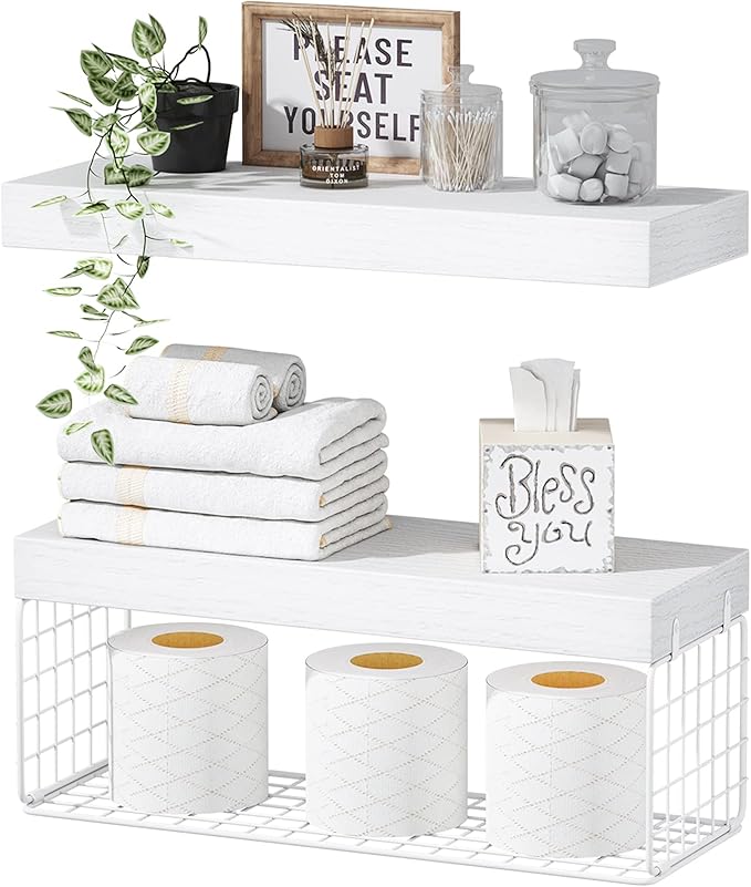 QEEIG White Bathroom Shelves Over Toilet - Wall Mounted Floating Shelves Farmhouse Shelf Toilet Paper Storage Small 16 inch Set of 2 (019-W2)
