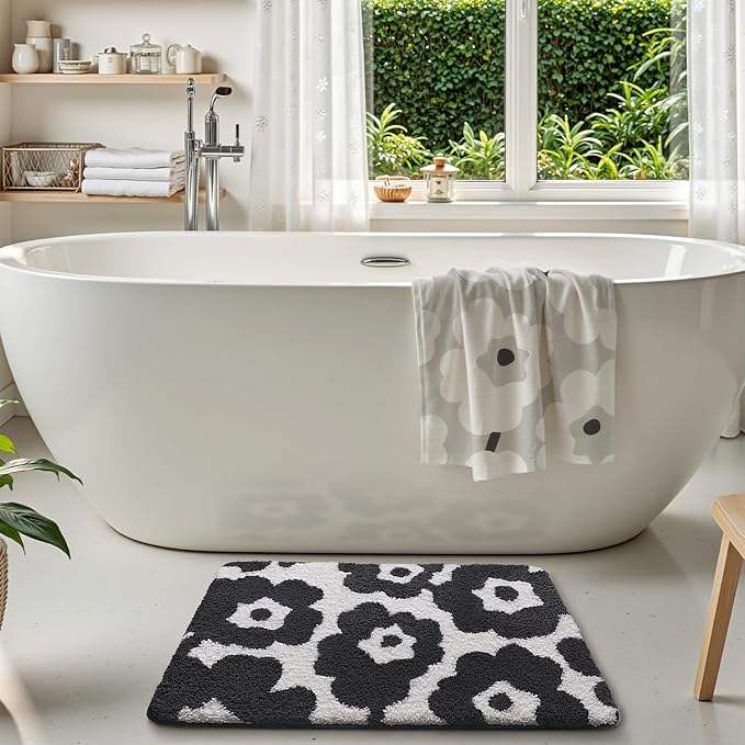 LUMI Bathroom Rugs Cute Floral Design, Soft Absorbent Microfiber Bath Mat Non-Slip, Machine Washable Quick Dry Luxury Rug Flower Black and White for Floor, Bathtub, Home Decor, 20"x32"