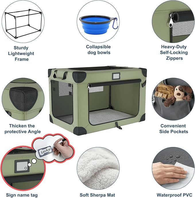 36 Inch Soft Collapsible Dog Crate Green with Waterproof and Easy to Clean | Chew-Proof Mesh Window,Sturdy Frame,Soft Blanket and Foldable Bowl,Waterproof,Portable for Camping,Signature Card,Storage Bag