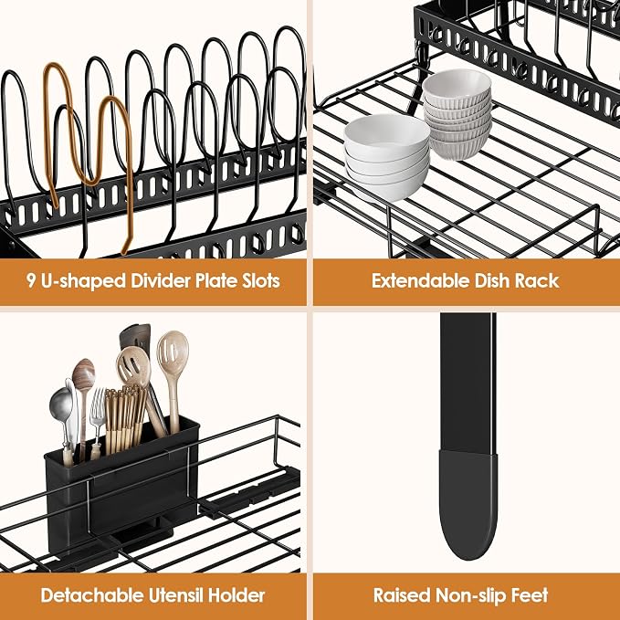 Housolution Large Expandable Dish Drying Rack for Kitchen Counter, Black | Rustproof, 9 Slots for Pan, Lid, Cutting Board, Utensil Holder, Adjustable Support Legs, Rotating Spout, Draining Tray