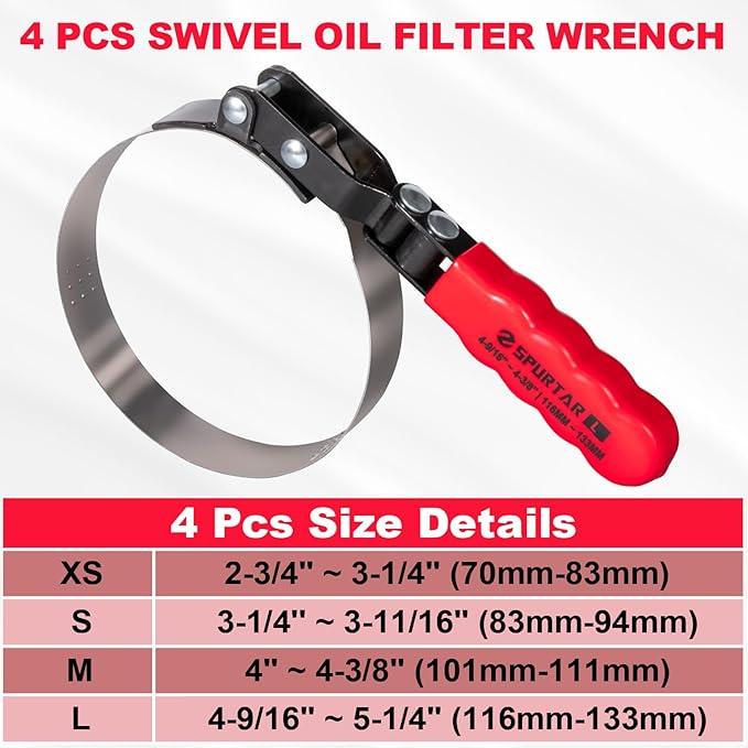 Spurtar Swivel Oil Filter Wrench Set of 5 Adjustable Wrench 2-3/4" to 5-1/4" (70-133mm) 12" Universal Oil Filter Removal Tool for 4S Shop Auto Repair Mechanic DIY Generator Small Engine