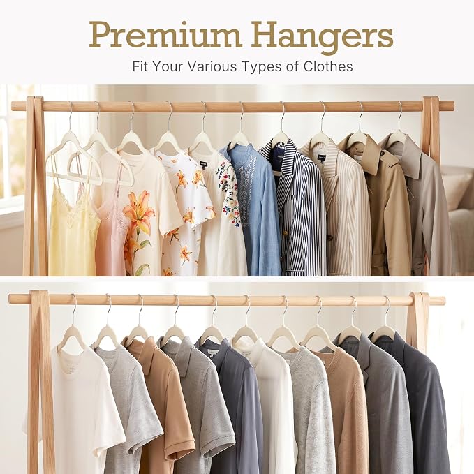 HOUSE DAY Ivory Velvet Hangers 60 Pack, Non Slip Clothes Felt Hanger Heavy Duty for Coat, Premium Slim Space Saving Suit Hangers for Closet Organizer, 360° Rotating Silver Hook