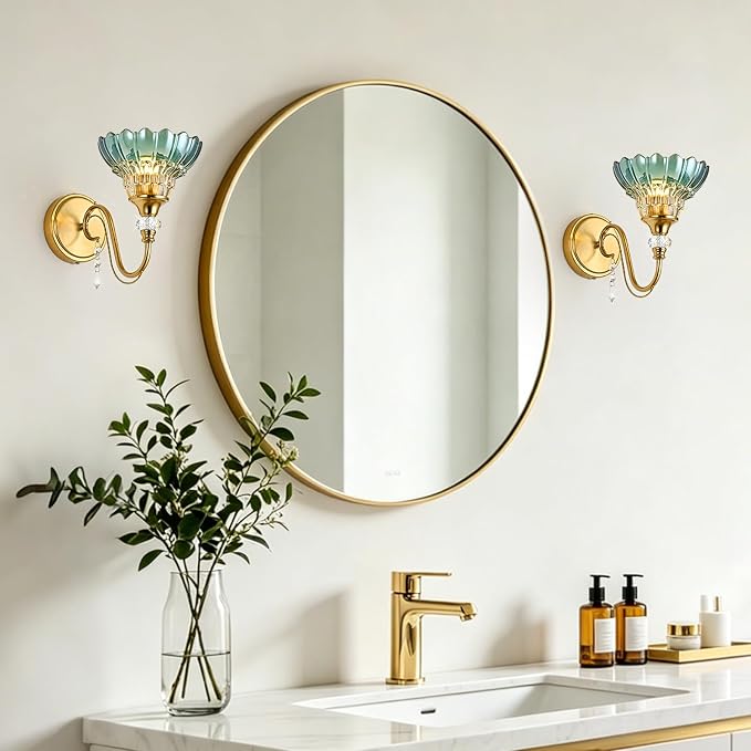 1 Piece Vintage Wall Sconce, 1-Light Brushed Gold Finish Wall Sconce with Hanging Crystal Accents and Flower-Shaped Teal Shades for Bathroom Bedroom Living Room,Vintage Vanity Light