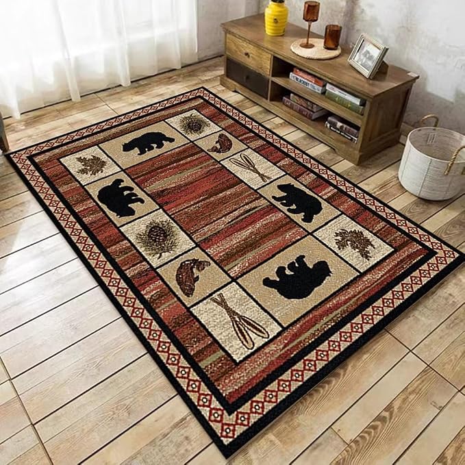 Rustic Cabin Bear Rugs 6ftx9ft Wildlife Fish Plants Print Area Rug for Living Room Bedroom Entrance Non-Slip Lodge Bear Indoor Decorative Carpet