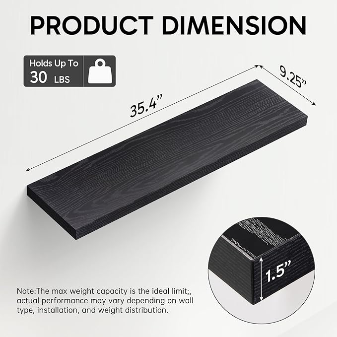 BAYKA Floating Shelves for Wall, 35.4 inches Long Wall Mounted Rustic Wood Shelves for Bathroom, Bedroom, Living Room, Kitchen, Office, Hanging Shelf for Books/Storage/Decor(Black,Set of 2)
