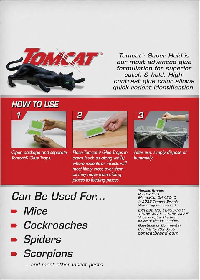 Tomcat Super Hold Glue Traps Mouse Size for Mice, Cockroaches, Spiders, and Scorpions, Ready-To-Use, 4 Traps | For Mice, Cockroaches, Spiders, and Scorpions, Ready-To-Use