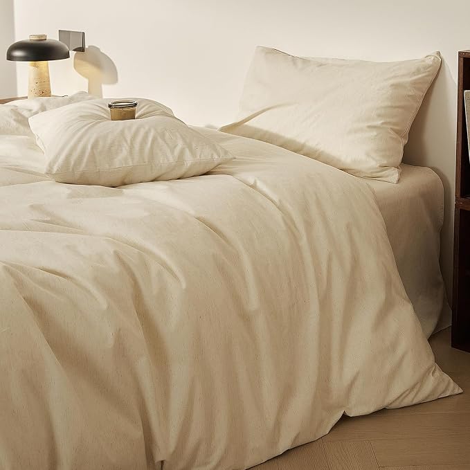 mixinni 3 Piece Washed Cotton Linen Blend Duvet Cover Set King Size, Soft Breathable Farmhouse Beige Neutral Solid Duvet Cover with Natural Linen Texture, 104x90 inches with 2 Pillowcases