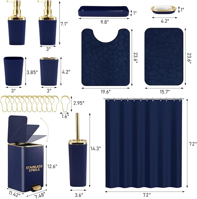 Bathroom Sets with Shower Curtain and Rugs Bathroom Accessories Set Navy Blue Bathroom Set,Soap Dispenser & Toilet Brush Holder Set with Stainless Steel Trash Can(23 PCS)