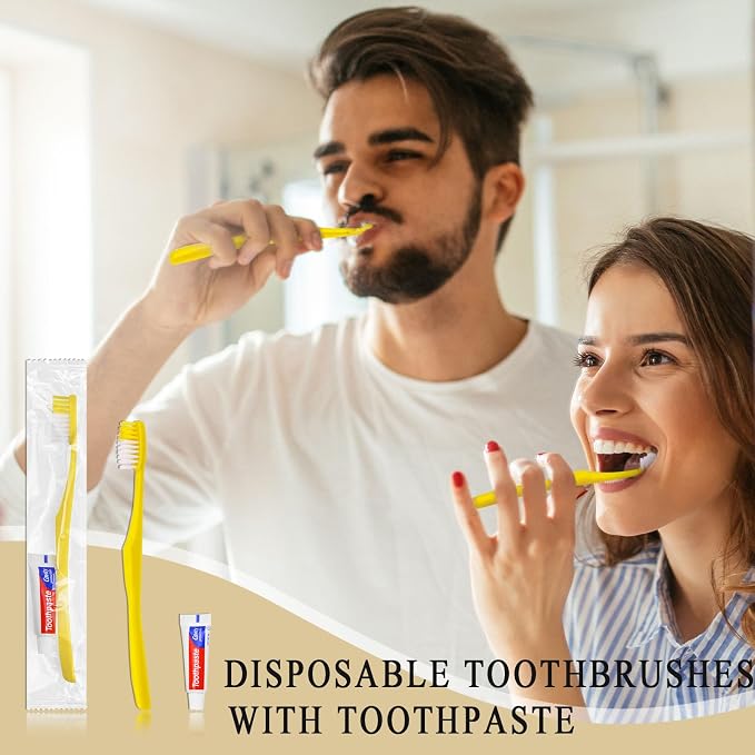 Disposable Toothbrushes with Toothpaste,500 Pack Yellow Hollow | Individually Wrapped Disposable Travel Toothbrushes Kit in Bulk for Homeless,Nursing Home,Hotel,Charity