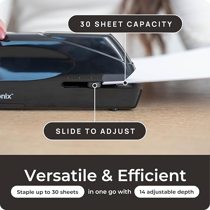 EcoElectronix Portable Automatic Electric Stapler Pro - 30 Sheet Capacity, Quiet Operation, Jam-Free and Easy Reload - AC Adapter/Battery Powered, (Black)