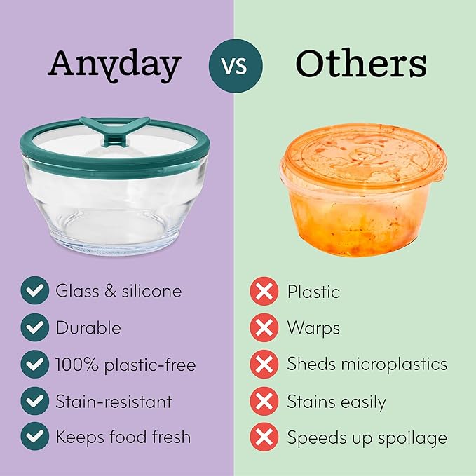 Anyday 4-Piece Medium Glass Food Storage with Lids (Clear Kale) | Plastic-Free Meal Prep, Microwave Cookware, Stackable Airtight Storage Container, Vented Lid for Microwave-Safe Reheating