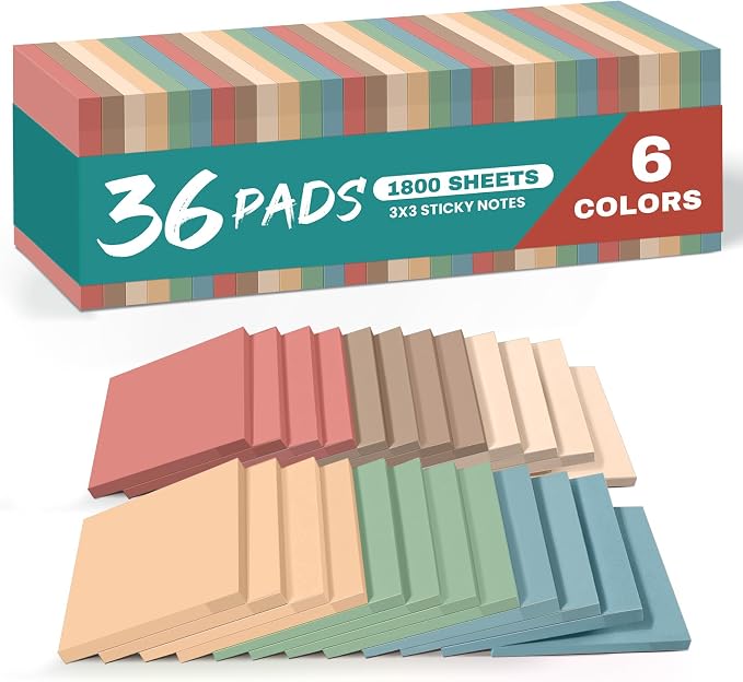 Sticky Notes, 3x3 Inch, 36 Pads, Aesthetic Self-Stick Note for Office, School and Home, Ideal for Planning, Notes and Organization, Vintage Colors