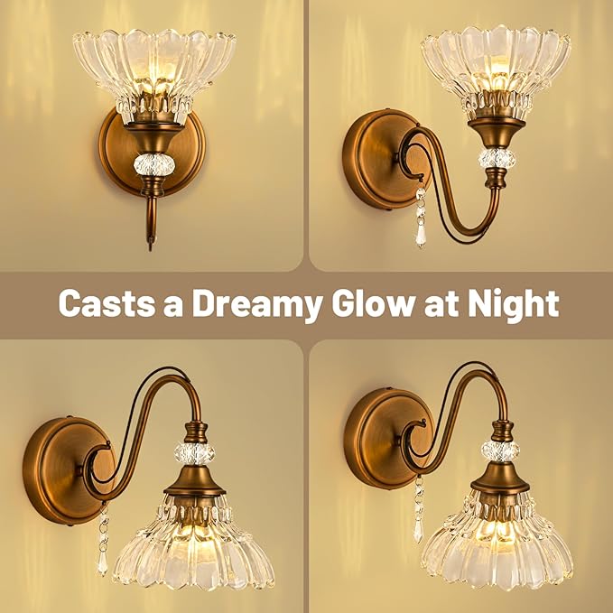 1 Piece Vintage Wall Sconce, 1-Light Matte Antique Brass Finish Wall Sconce with Hanging Crystal Accents and Flower-Shaped Clear Shades for Bathroom Bedroom Living Room,Vintage Vanity Light