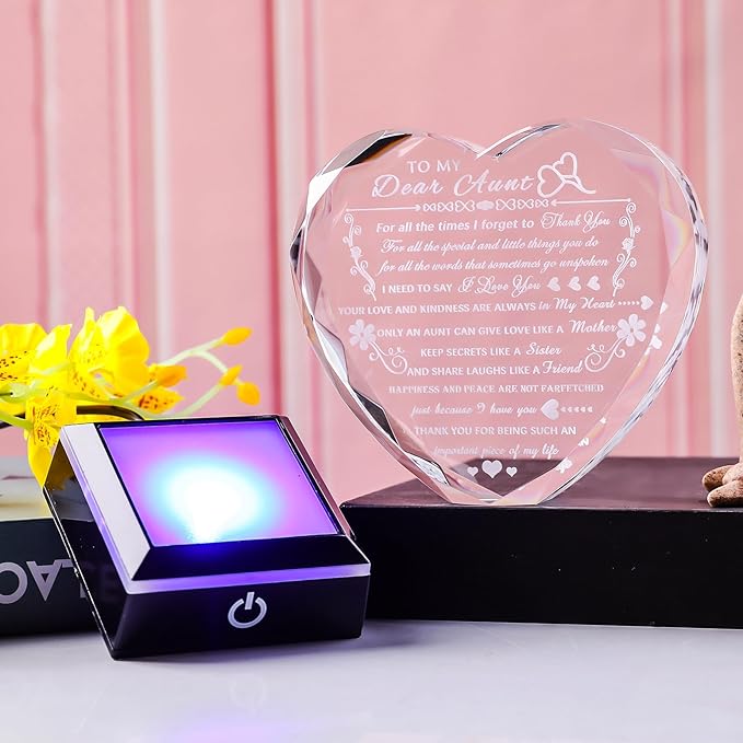 Arikyrist Aunt Gifts with Colorful LED Base Meaningful Crystal Heart Aunt Birthday Gifts from Niece Nephew Unique Presents for Auntie Christmas Mother's Day Valentine Day Thanksgiving
