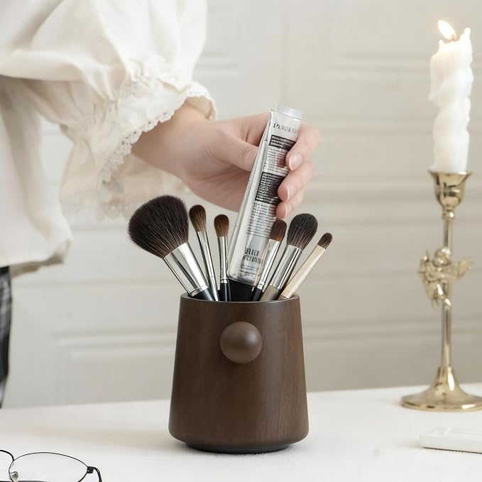 Walnut Wooden Makeup Brush Holder, Rotating Pencil Holder for Desk
