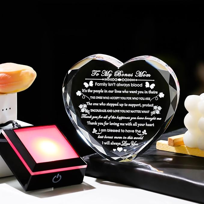 Arikyrist Bonus Mom Gifts with Colorful LED Base Crystal Heart Mothers Day Birthday Gifts for Stepmother Bonus Mom from Bonus Daughter Son Gift for Stepmom Mother in Law on Christmas Valentines