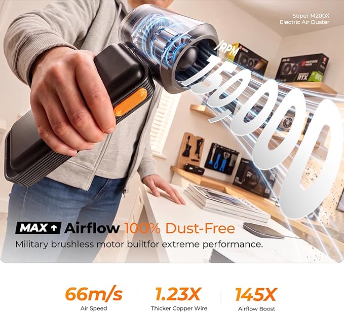 Super Power M200X Electric Air Duster-150000RPM Rechargeable Mini Blower, Compressed Air Duster, Strongest Airflow Brushless Motor, 5-Speed HD Display, Dust for PC, Keyboard, House, Outdoor and Car