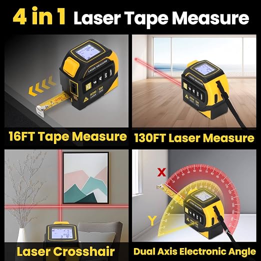 4-in-1 Laser Tape Measure with Level and Crosshairs, 16FT AutoLock Measuring Tape and 130FT Laser Measurement Tool with Large LCD Display, Area, Volume, Pythagorean, Cosine