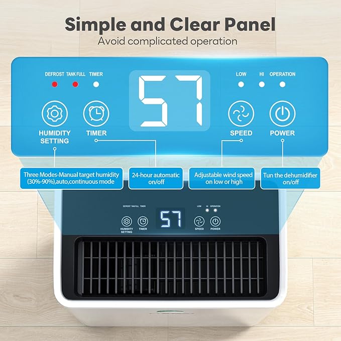 FreAire 2500Sq.Ft Dehumidifier for Basement with 6.56FT Drain Hose, 34Pint Dehumidifiers for Home, 40dB Quiet Dehumidifier for Bedroom, Bathroom, 2L Water Tank, 3-Color Humidity Light