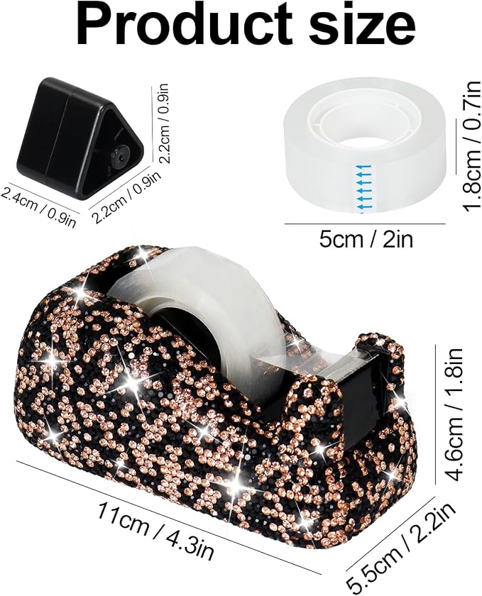 Buqoo Black Bling Rhinestones Tape Dispenser, Crystal Sparkly Handmade Diamond Desktop Tape Dispenser for Desk, Glitter Tape Holder Cutter for School Home N Office Supplies