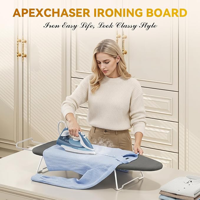 Small Ironing Board Tabletop with Heat Resistant Cover, Compact Mini Ironing Board (with Iron Rest) & Metal Frame, for Dorm, Apartment, Hook for Hanging, Iron Board 12x30, Iron Table Stand Pure Gray