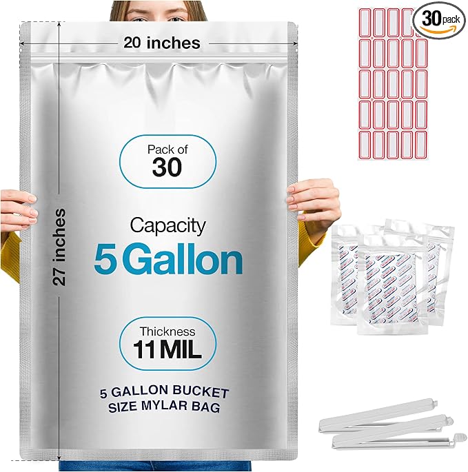 BELLE KR® 30 Pcs 5 Gallon Mylar Bags With 2000CC Oxygen Absorbers - Perfect Bucket Size - 11 Mil Thick - With Sticker Labels and Closure Clip - Smell Proof, Heat Resealable Large Mylar Bag