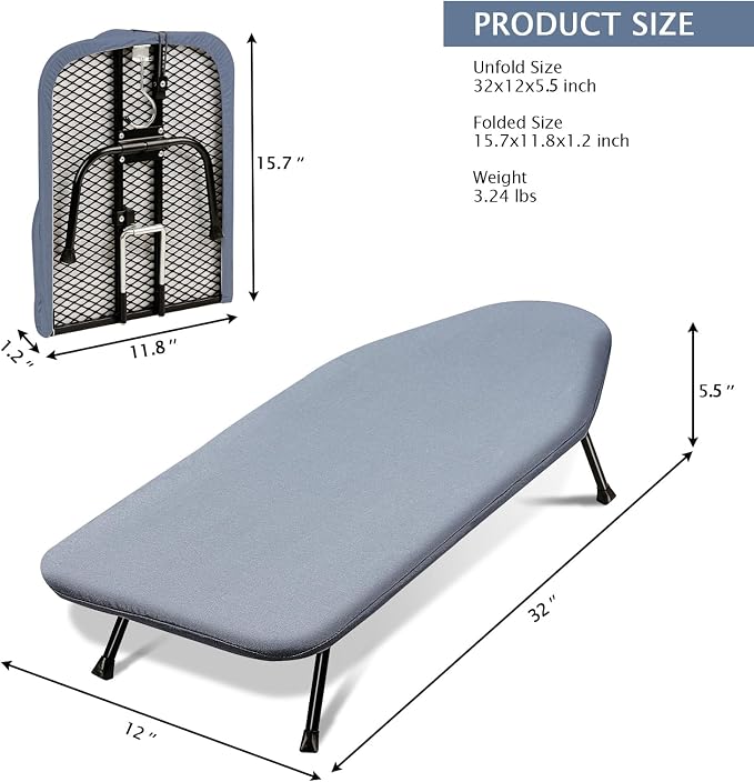 SheeChung Small Ironing Board 12"x32",Mini Ironing Board with Metal Mesh | Foldable,Tabletop,Hanging Hook,Cotton Cover,Heat Resistant Pad,Space Saving,Non-Slip Feet,Fits for Dorm Travel Sewing Room