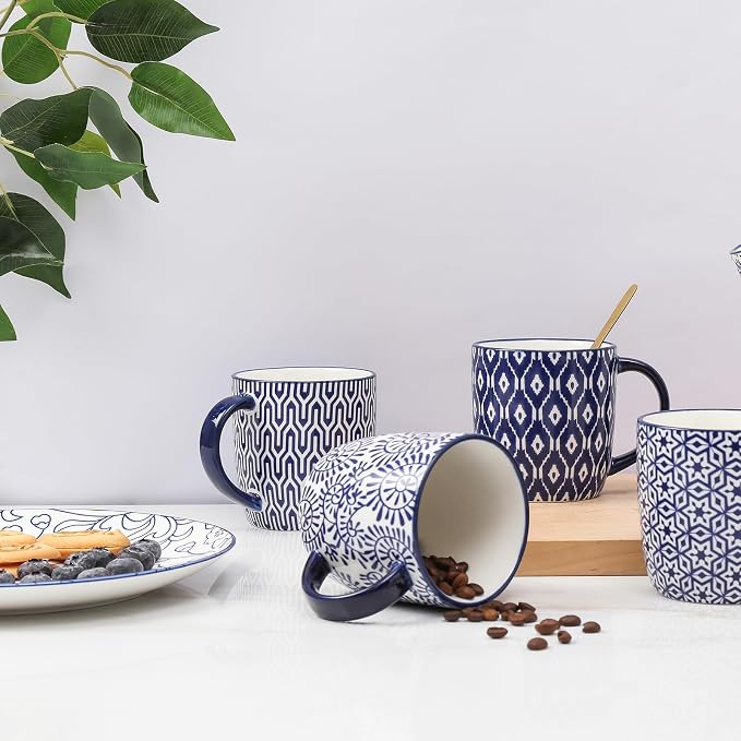 Selamica 10 OZ Coffee Mugs Set of 4, Small Coffee Cups Ceramic with Handle for Cappuccino Latte Cocoa Milk, Dishwasher Microwave Safe,Vintage Blue