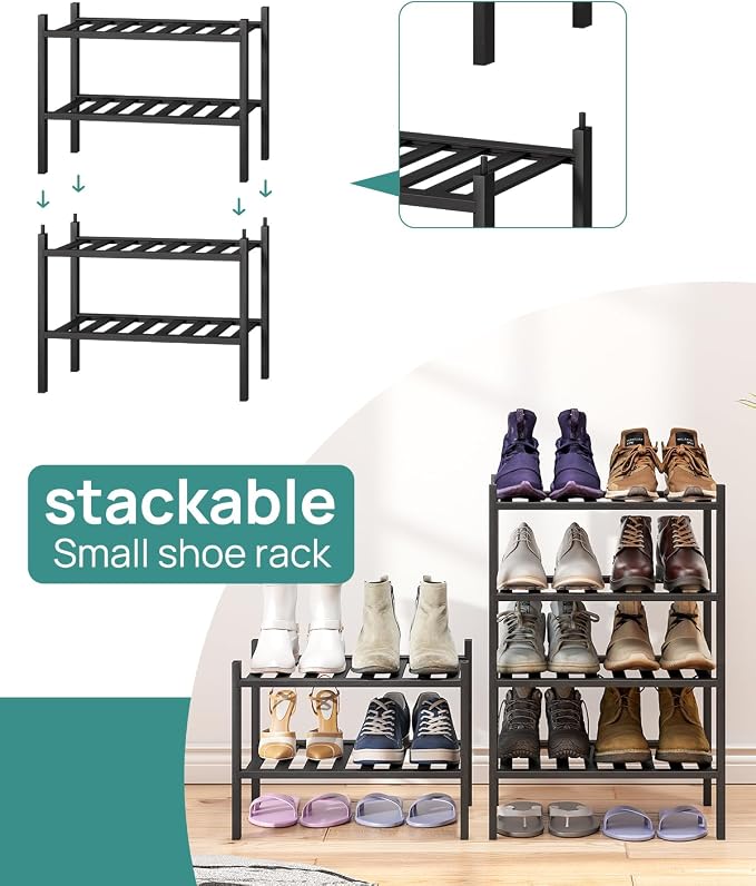 viewcare Black Small Shoe Rack for Entryway,2-Tier Bamboo Shoe Organizer for Hallway Closet, Free Standing Shoe Racks for Indoor Outdoor