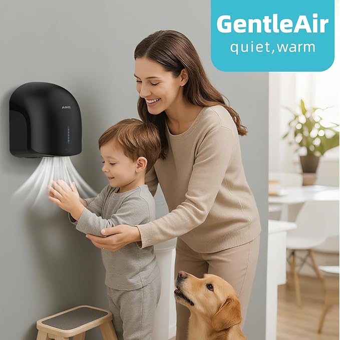 AIKE GentleAir Warm Hand Dryer,Low Noise Perfect for Home Bathrooms,Black Cover AC110V-130V,Model AK2637