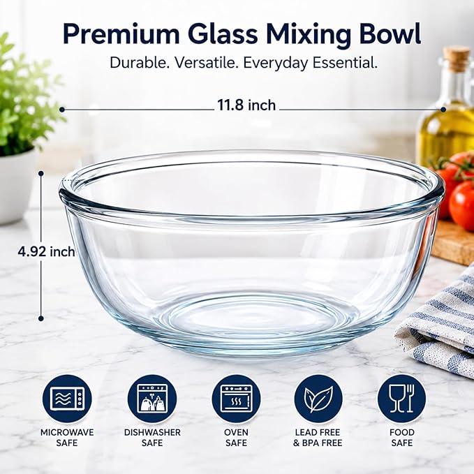 Large Glass Bowl,6 Quart Glass Mixing Bowl for Sourdough Bread Clear Breads Proofing Bowl Ideal for Kitchen Storage