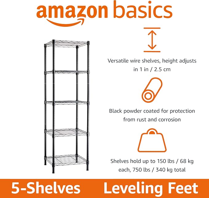 Amazon Basics 5-Shelf Tower Adjustable Storage Shelving Unit for Garage, Rust-Resistant Steel, 150 lbs Per Shelf, 16"W x 16"D x 54"H, Black