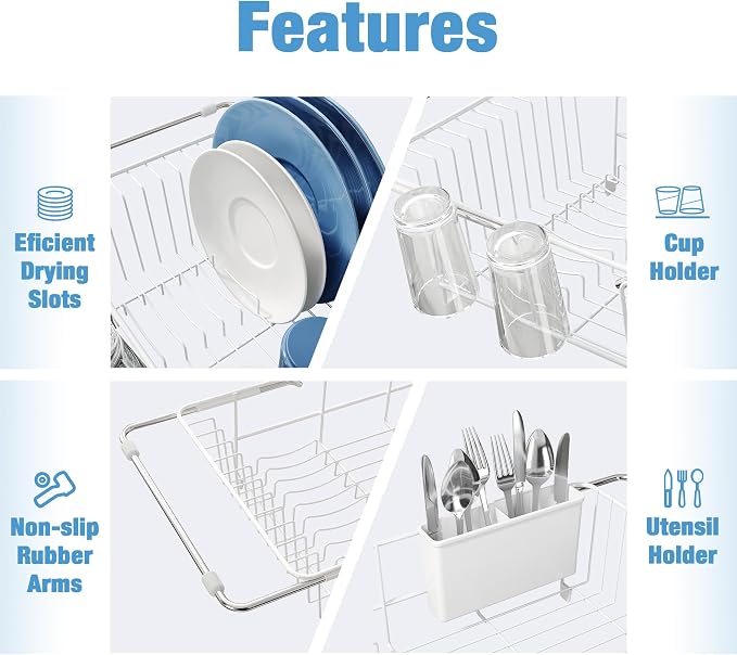 JASIWAY White Dish Drying Rack in Sink with Mat, Cups and Utensil Holder | Use Over the Sink or Counter, Stainless Steel Expandable Dish Drainer for Small Kitchen, Space Saving, Fast Drain, Rustproof