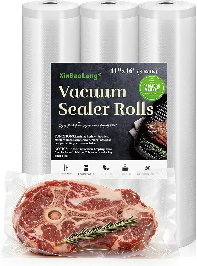 Vacuum Sealer Bags 3 Rolls 11"x16' Freezer Bags | Commercial Grade, BPA Free, Customized Size, Sous Vide Cooking, Puncture Prevention, Kitchen Essentials, Kitchen Gadgets