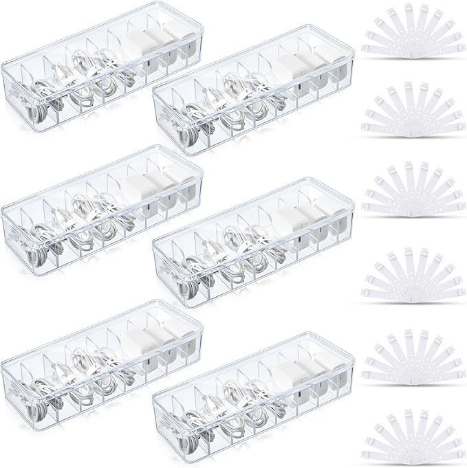 Tatuo 6 Pcs Cable Organizer Box with Wire Ties, Plastic Cord Storage Box with Lid, Electronics Organizer for Home Office Desk Organizers and Accessories (Clear)