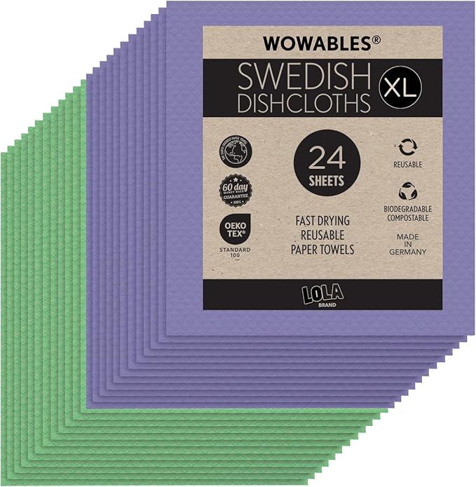 Swedish Dishcloths for Kitchen XL, 24 2x12 Sheet Rolls, Biodegradable, Compostable, Reusable Paper Towel Cleaning Cloths, 11" x 10" No Odor Washing Dishes, Ultra Absorbent Cellulose Sponge Towel, LOLA