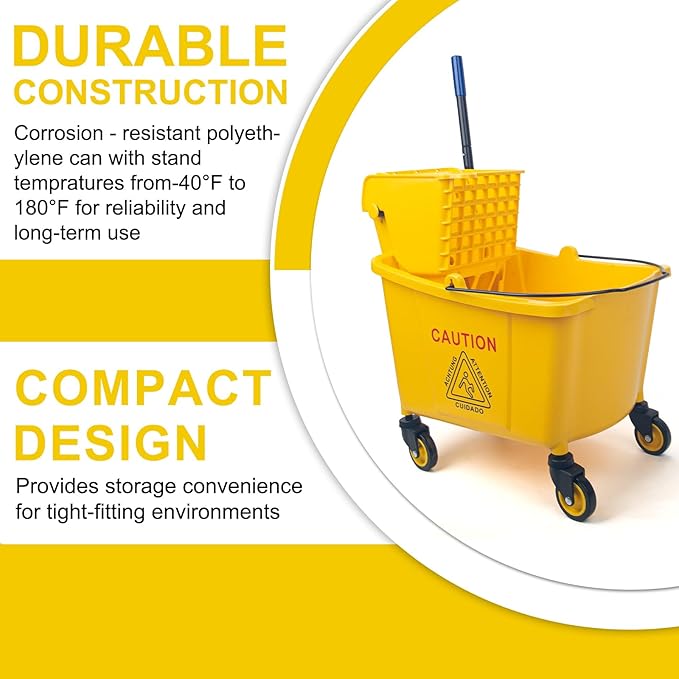 Kefanta 35 Qt Side Press Wringer Combo Commercial Mop Bucket on Wheels Set,Yellow,Include 1 Heavy Duty Industrial Mop for Floor Cleaning and Wet Floor Caution Sign
