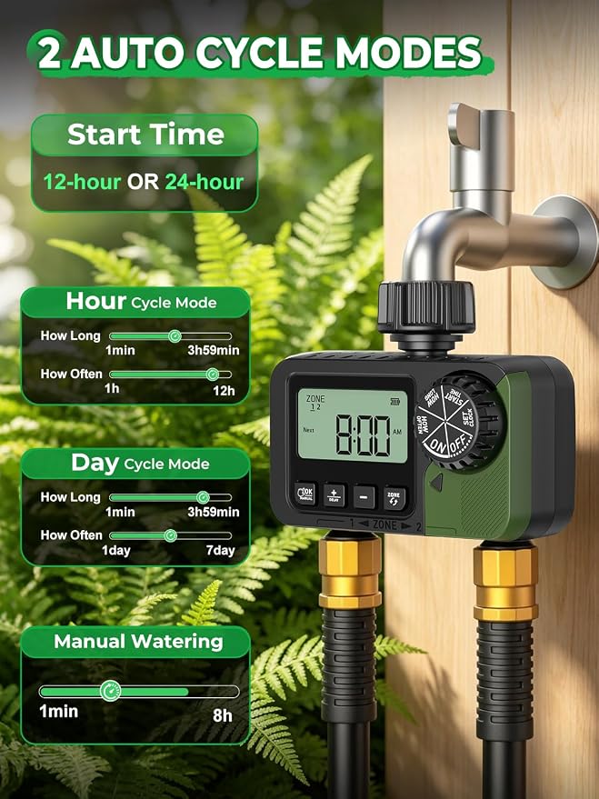 Sprinkler Timer 2 Outlets, Programmable Water Hose Timer with Rain Delay/Manual/Automatic Watering System, Outdoor Digital Auto Irrigation for Garden Yard Lawn with Large Display(Black+Olive Green)