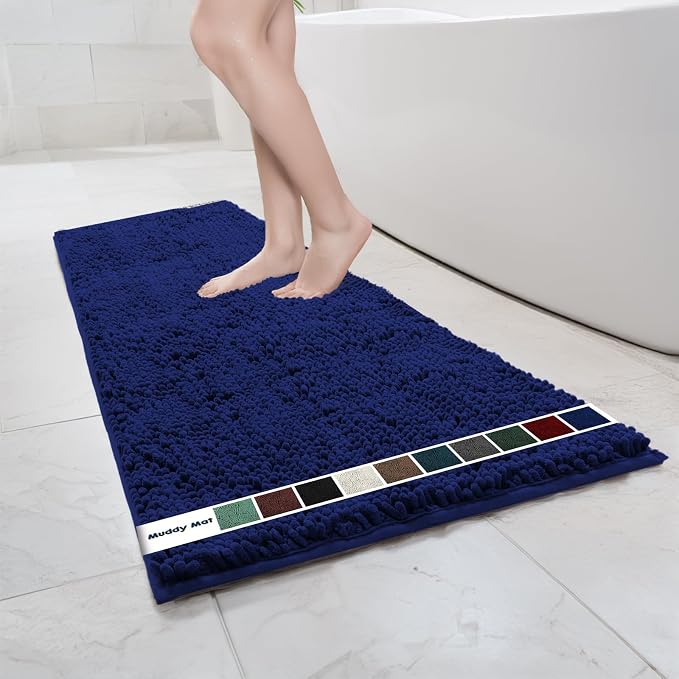 Muddy Mat® | Chenille Bathroom Rugs Quick Dry Microfiber Mats Non Slip Washable, Extra Thick, Soft and Highly Absorbent Bath Mats for Bathroom, Kitchen, and Shower Floor - Navy Blue 24"x59"
