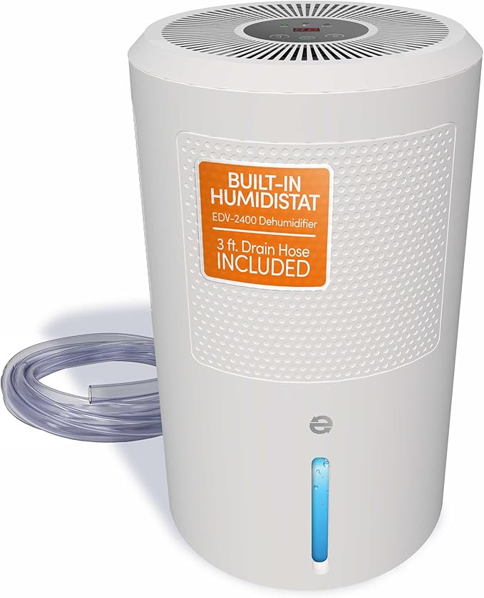 Eva-Dry EDV-2400 Electric Dehumidifier with Humidistat | Peltier, Quiet, 60W | 2,400 Cu Ft | Drain Hose Included | Auto Shut-Off | Bedroom, Bathroom, RV, Boat