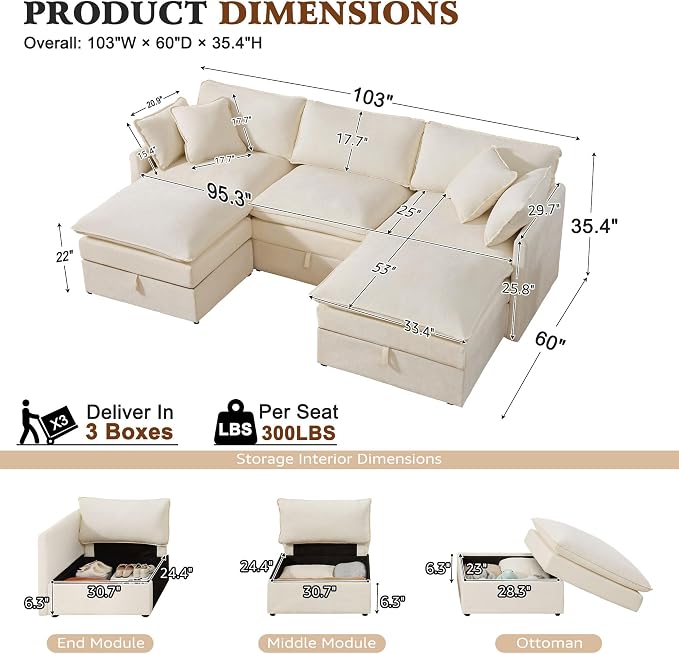 Ihanherry 103” Modular Sectional Sofa with Storage, U Shaped Cloud Couch with Movable Ottomans & 4 Pillows, Chenille Deep Seat Sectional Couches for Living Room, Apartment (Beige)