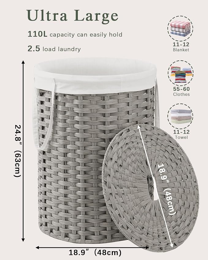 SETVSON Laundry Basket with Lid Round 29.1 Gal (110 L) PE Rattan, Gray | Decorative PE Rattan Furniture Look for Bedroom, Round Laundry Hamper with Lid, Removable Bag, 2 Mesh Bags, Handles